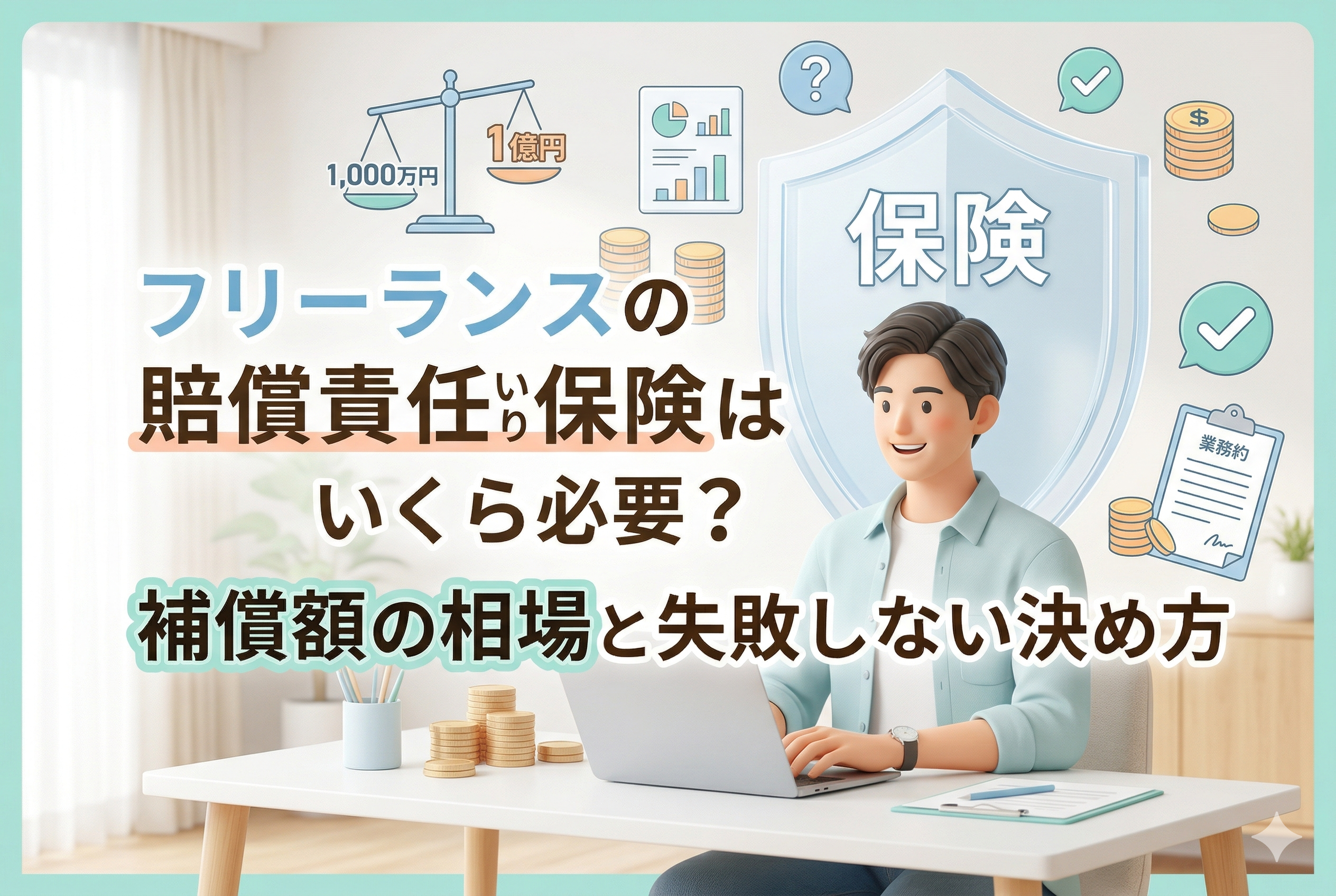 3Dアニメ調のフリーランス男性がデスクでノートパソコンを前に笑顔を見せるアイキャッチ画像。彼の背後には『保険』と書かれた盾と、天秤（1,000万円と1億円の比較）、棒グラフ、コインなどのアイコンが浮かんでいる。画像上部には『フリーランスの賠償責任保険はいくら必要？補償額の相場と失敗しない決め方』という日本語テキストが配置されている。