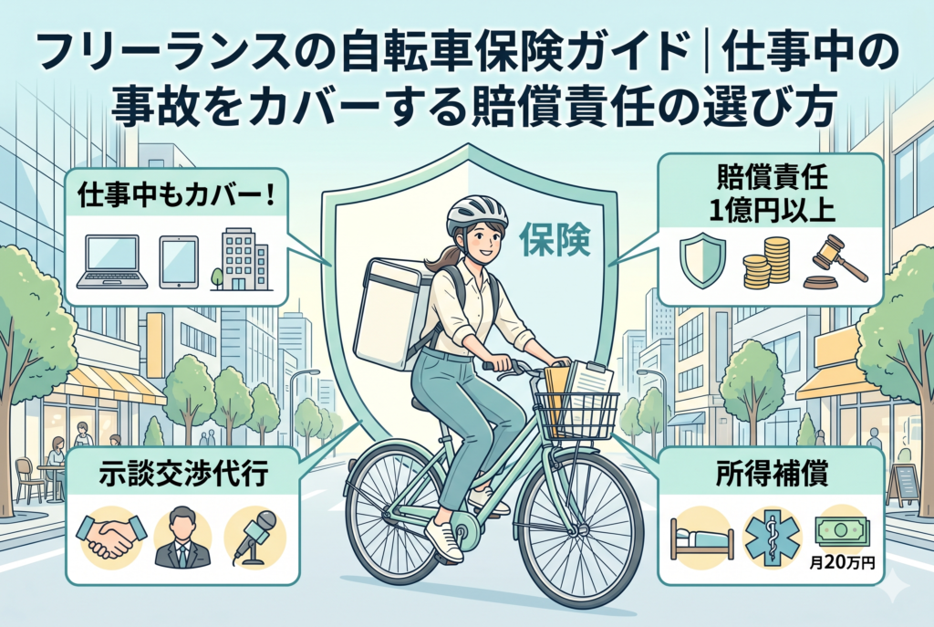 「フリーランスの自転車保険ガイド | 仕事中の事故をカバーする賠償責任の選び方」というタイトルが入ったイラスト。中央ではヘルメットを被り、配達リュックを背負った女性が自転車に乗っており、大きな盾(保険)に守られている。周囲の4つのパネルで「仕事中もカバー!」「賠償責任1億円以上」「示談交渉代行」「所得補償(月20万円)」という重要な保険選びのポイントがアイコンとともに図解されている。