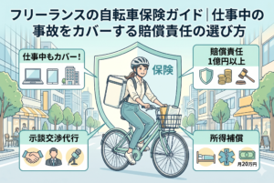 「フリーランスの自転車保険ガイド | 仕事中の事故をカバーする賠償責任の選び方」というタイトルが入ったイラスト。中央ではヘルメットを被り、配達リュックを背負った女性が自転車に乗っており、大きな盾（保険）に守られている。周囲の4つのパネルで「仕事中もカバー！」「賠償責任1億円以上」「示談交渉代行」「所得補償（月20万円）」という重要な保険選びのポイントがアイコンとともに図解されている。