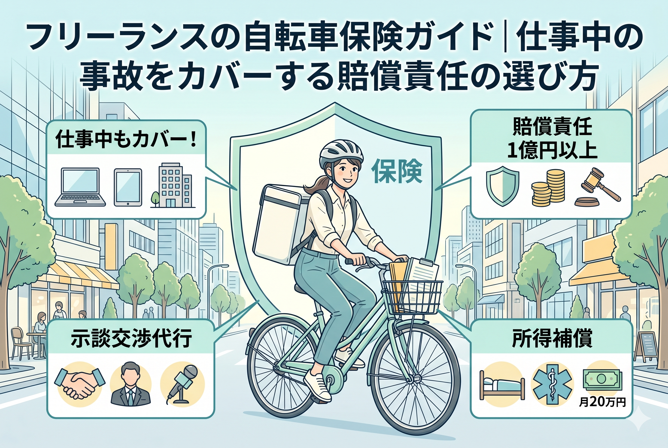 「フリーランスの自転車保険ガイド | 仕事中の事故をカバーする賠償責任の選び方」というタイトルが入ったイラスト。中央ではヘルメットを被り、配達リュックを背負った女性が自転車に乗っており、大きな盾(保険)に守られている。周囲の4つのパネルで「仕事中もカバー!」「賠償責任1億円以上」「示談交渉代行」「所得補償(月20万円)」という重要な保険選びのポイントがアイコンとともに図解されている。