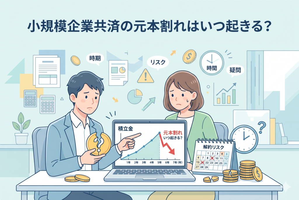 小規模企業共済の元本割れリスクについて、ノートパソコンのグラフを見ながら検討する男女のビジネスパーソン。加入期間と解約手当金の関係、元本割れが起きるタイミング、解約リスクなどの概念を視覚化した、清潔感のある精緻なインフォグラフィックデザインです。