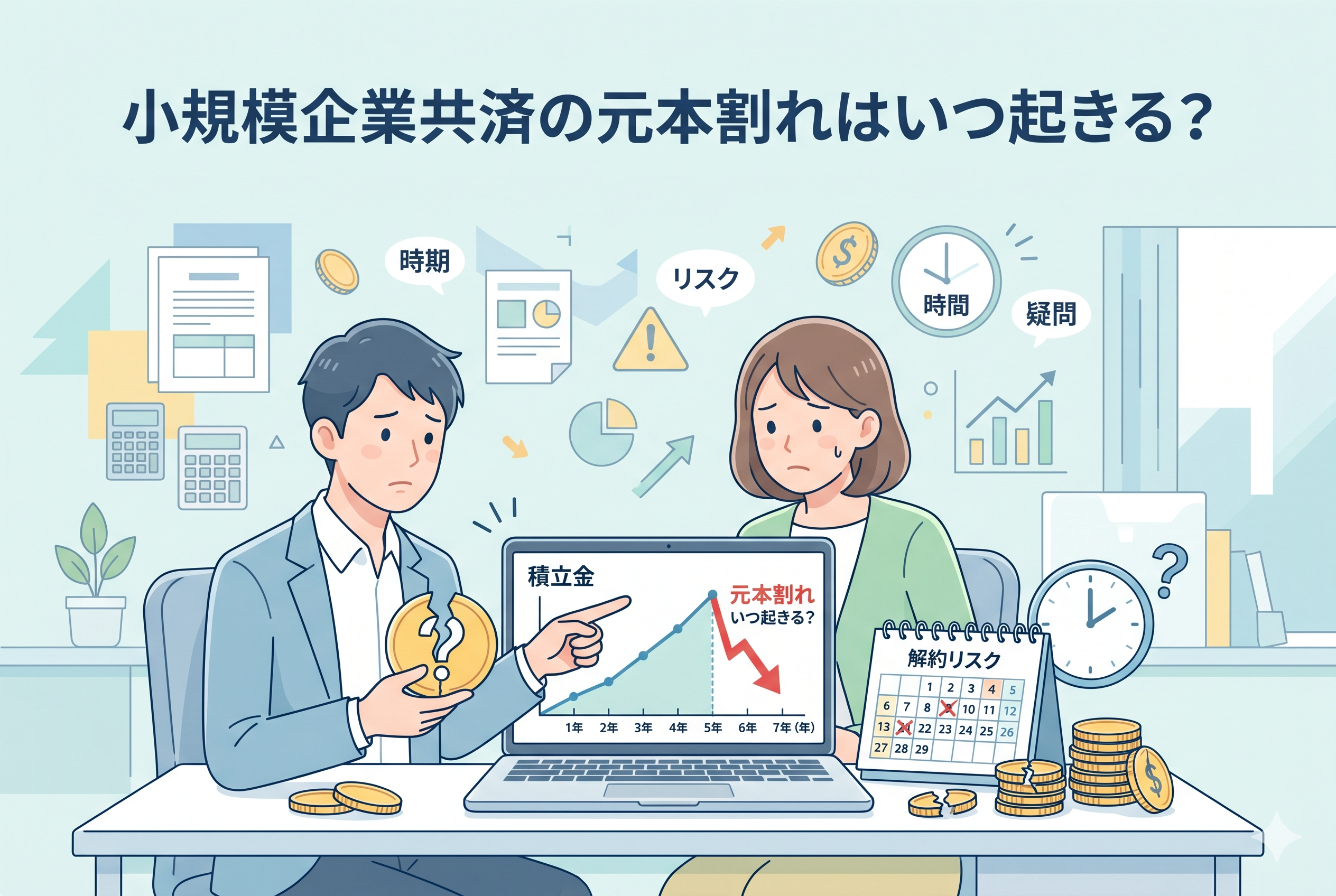 小規模企業共済の元本割れリスクについて、ノートパソコンのグラフを見ながら検討する男女のビジネスパーソン。加入期間と解約手当金の関係、元本割れが起きるタイミング、解約リスクなどの概念を視覚化した、清潔感のある精緻なインフォグラフィックデザインです。