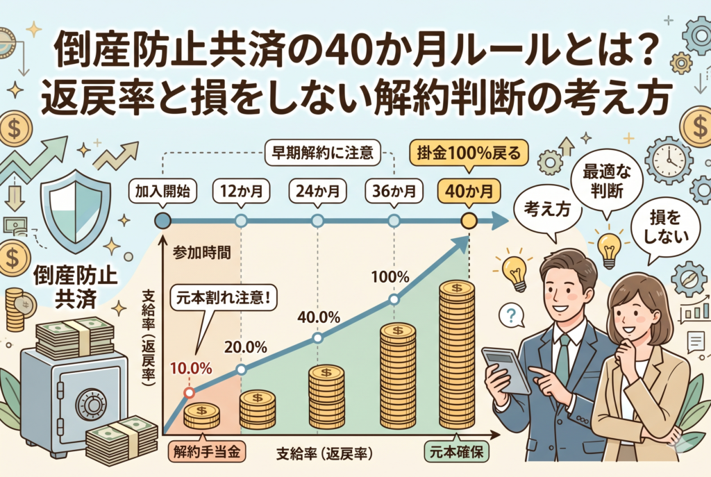 倒産防止共済(経営セーフティ共済)の40か月ルールを解説するインフォグラフィック。加入期間(12、24、36、40か月)に応じて解約手当金の支給率が上昇し、40か月で100%(元本確保)に達する様子をグラフとイラストで分かりやすく図解しています。