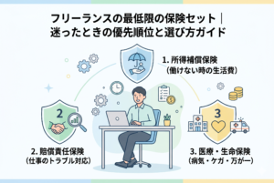 パソコンで作業するフリーランスを中央に、優先順位1から3までの重要保険（1.所得補償保険、2.賠償責任保険、3.医療・生命保険）を盾のアイコンで図解したインフォグラフィック。清潔感のある薄いブルーを基調としたデザインで、フリーランスが備えるべき「最低限のセット」を視覚的に表現しています。