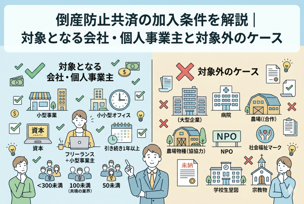 倒産防止共済（経営セーフティ共済）の加入条件を分かりやすく整理した比較図解。左側には対象となるフリーランスや中小企業の基準（資本金、従業員数、1年以上の事業継続など）が示され、右側には対象外となるケース（大企業、医療法人、NPO、学校、宗教法人、税金未納など）がイラストで対比されています。