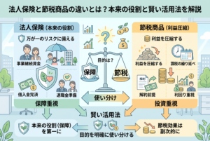 「法人保険と節税商品の違いとは？本来の役割と賢い活用法を解説」という記事の内容を図解したアイキャッチ画像。左側には「本来の役割（保障）」として事業継続資金や借入金完済に備える法人保険、右側には「利益圧縮（投資）」を目的とした節税商品が対比されている。中央の天秤が「目的は何か」を問いかけ、下部では「本来の役割（保障）を第一に、節税効果は副次的に」という賢い活用法を提案している、清潔感のある精緻なインフォグラフィック。