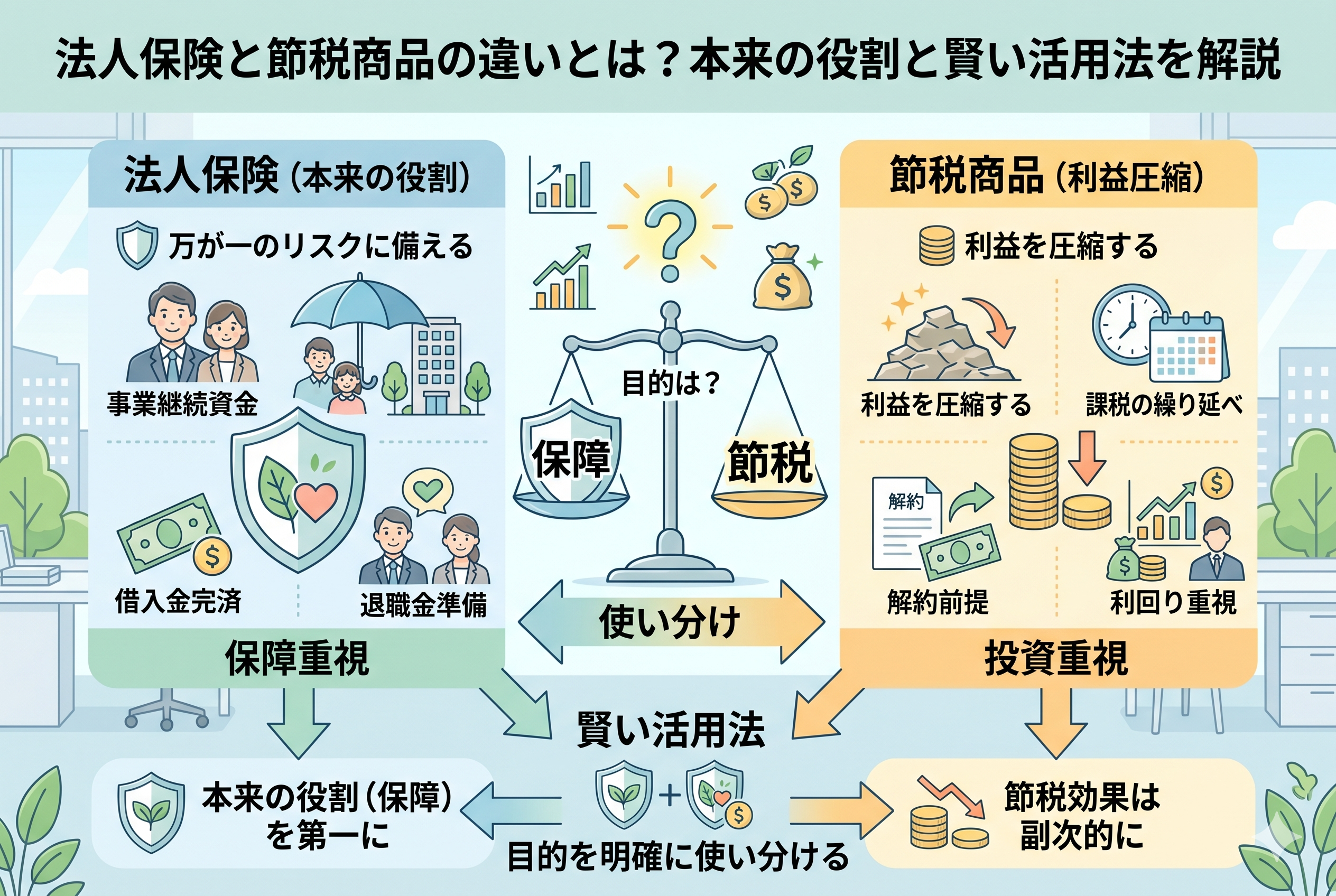 「法人保険と節税商品の違いとは?本来の役割と賢い活用法を解説」という記事の内容を図解したアイキャッチ画像。左側には「本来の役割(保障)」として事業継続資金や借入金完済に備える法人保険、右側には「利益圧縮(投資)」を目的とした節税商品が対比されている。中央の天秤が「目的は何か」を問いかけ、下部では「本来の役割(保障)を第一に、節税効果は副次的に」という賢い活用法を提案している、清潔感のある精緻なインフォグラフィック。