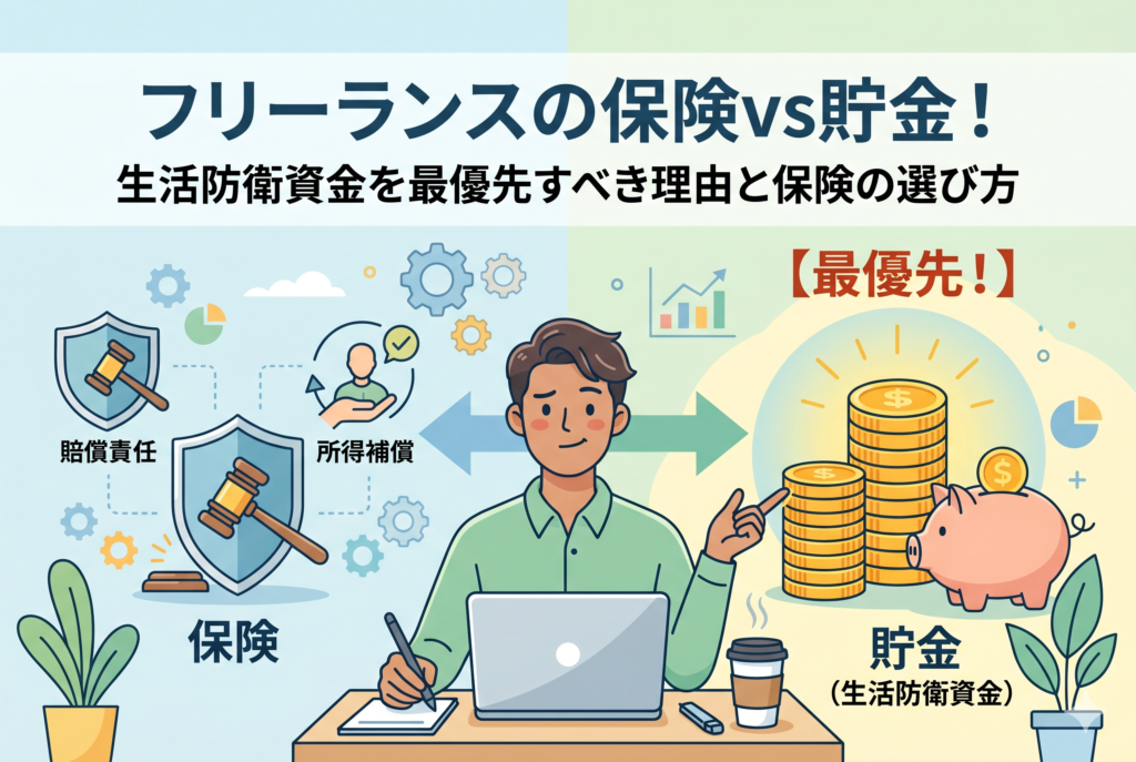 フリーランスが保険と貯金のバランスを検討している比較イラスト。左側に賠償責任や所得補償の保険アイコン、右側に「最優先!」と強調された貯金箱と積み上がったコイン(生活防衛資金)が描かれ、中央の人物がリスク管理の優先順位を整理している様子。
