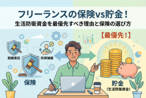 フリーランスが保険と貯金のバランスを検討している比較イラスト。左側に賠償責任や所得補償の保険アイコン、右側に「最優先！」と強調された貯金箱と積み上がったコイン（生活防衛資金）が描かれ、中央の人物がリスク管理の優先順位を整理している様子。