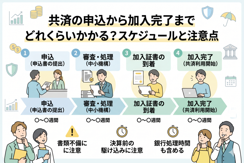 共済(経営セーフティ共済・小規模企業共済など)の申込から加入完了までの4ステップを解説したスケジュール図。1.申込書の提出、2.中小機構での審査・処理、3.加入証書の到着、4.利用開始という流れとともに、書類不備への注意、決算前の駆け込みのリスク、銀行の処理時間を含める必要性といった重要な注意点をインフォグラフィックで図解しています。