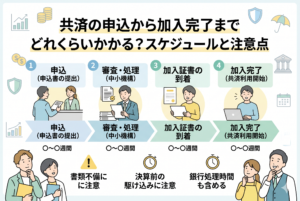 共済（経営セーフティ共済・小規模企業共済など）の申込から加入完了までの4ステップを解説したスケジュール図。1.申込書の提出、2.中小機構での審査・処理、3.加入証書の到着、4.利用開始という流れとともに、書類不備への注意、決算前の駆け込みのリスク、銀行の処理時間を含める必要性といった重要な注意点をインフォグラフィックで図解しています。