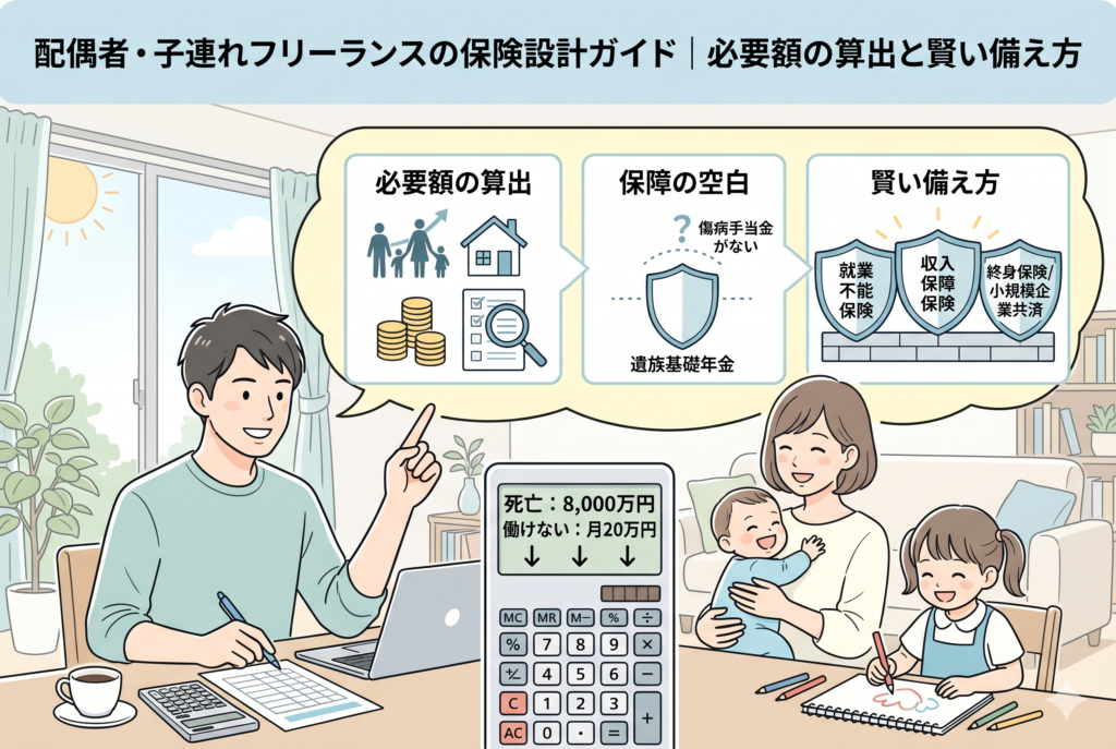 「配偶者・子連れフリーランスの保険設計ガイド」というタイトルが入ったインフォグラフィック風のイラスト。デスクで仕事をする男性と、笑顔で過ごす妻と子どもたちの背景に、保障額シミュレーションを表示した大きな電卓が配置されている。上部の吹き出しでは、家族を守るための必要額の算出、フリーランス特有の保障の空白(傷病手当金がない等)、就業不能保険や小規模企業共済などの具体的な備え方の3ステップが図解されている。