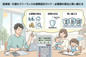 「配偶者・子連れフリーランスの保険設計ガイド」というタイトルが入ったインフォグラフィック風のイラスト。デスクで仕事をする男性と、笑顔で過ごす妻と子どもたちの背景に、保障額シミュレーションを表示した大きな電卓が配置されている。上部の吹き出しでは、家族を守るための必要額の算出、フリーランス特有の保障の空白（傷病手当金がない等）、就業不能保険や小規模企業共済などの具体的な備え方の3ステップが図解されている。