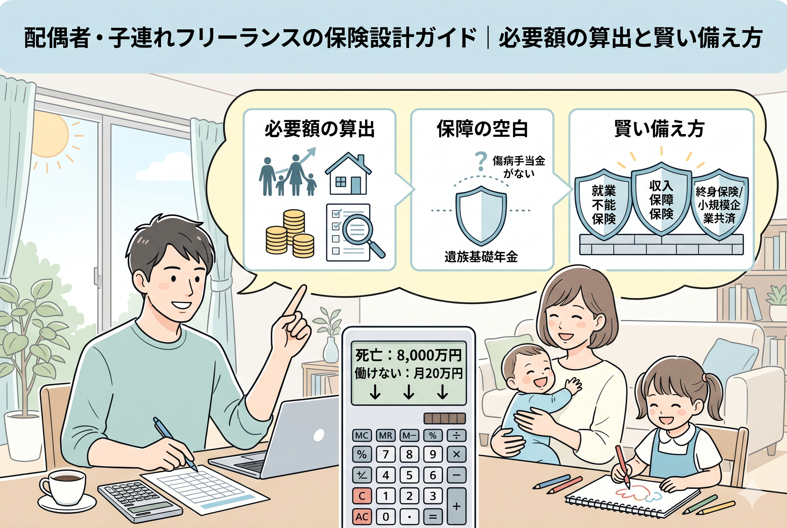 「配偶者・子連れフリーランスの保険設計ガイド」というタイトルが入ったインフォグラフィック風のイラスト。デスクで仕事をする男性と、笑顔で過ごす妻と子どもたちの背景に、保障額シミュレーションを表示した大きな電卓が配置されている。上部の吹き出しでは、家族を守るための必要額の算出、フリーランス特有の保障の空白(傷病手当金がない等)、就業不能保険や小規模企業共済などの具体的な備え方の3ステップが図解されている。