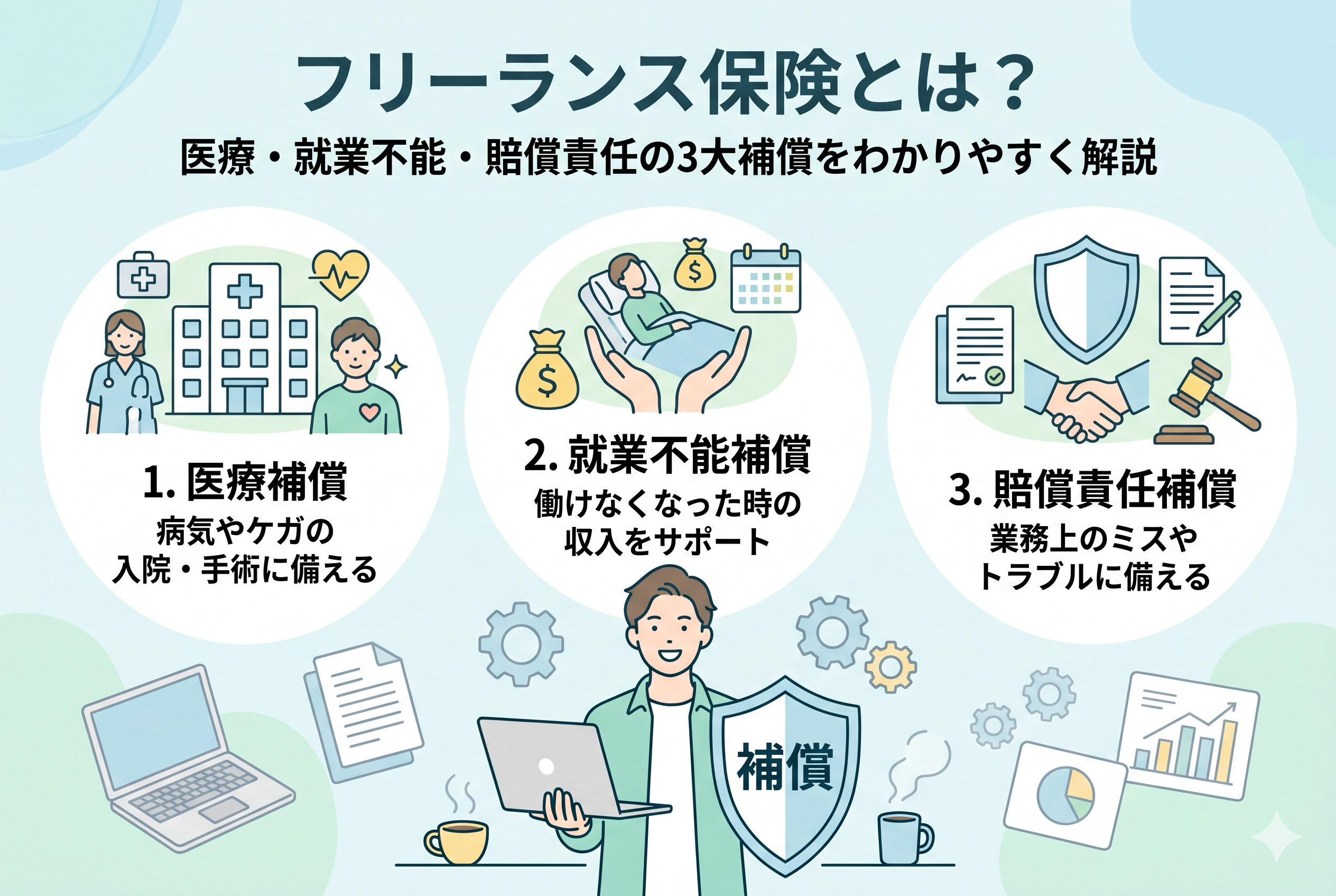 フリーランス保険の3大補償(医療・就業不能・賠償責任)を解説するインフォグラフィック画像。中央にシールドを持つフリーランスのイラスト、上部に医療、収入サポート、トラブル対応の3つのアイコンと説明テキストが配置されています。