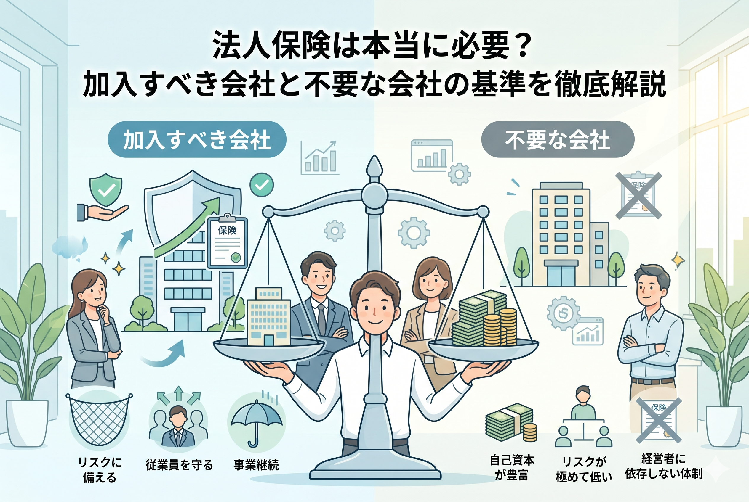 法人保険の必要性を判断する基準を解説した図解画像。中央の天秤が『加入すべき会社』と『不要な会社』を対比させており、それぞれの特徴が具体的なアイコンとともに示されている。上部には『法人保険は本当に必要? 加入すべき会社と不要な会社の基準を徹底解説』というタイトルがあり、左側の『加入すべき会社』には『リスクに備える』『従業員を守る』『事業継続』、右側の『不要な会社』には『自己資本が豊富』『リスクが極めて低い』『経営者に依存しない体制』といった具体的な判断要素がアイコン付きで整理されている。
