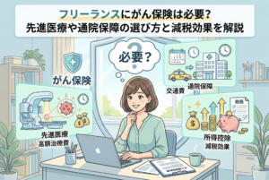 デスクでノートパソコンを使う女性フリーランスのイラスト。「フリーランスのがん保険は必要？」というタイトルがあり、周囲には「先進医療 高額治療費」、「通院保障 交通費」、「所得控除 減税効果」といった重要な検討ポイントがアイコン付きパネルで描かれている。