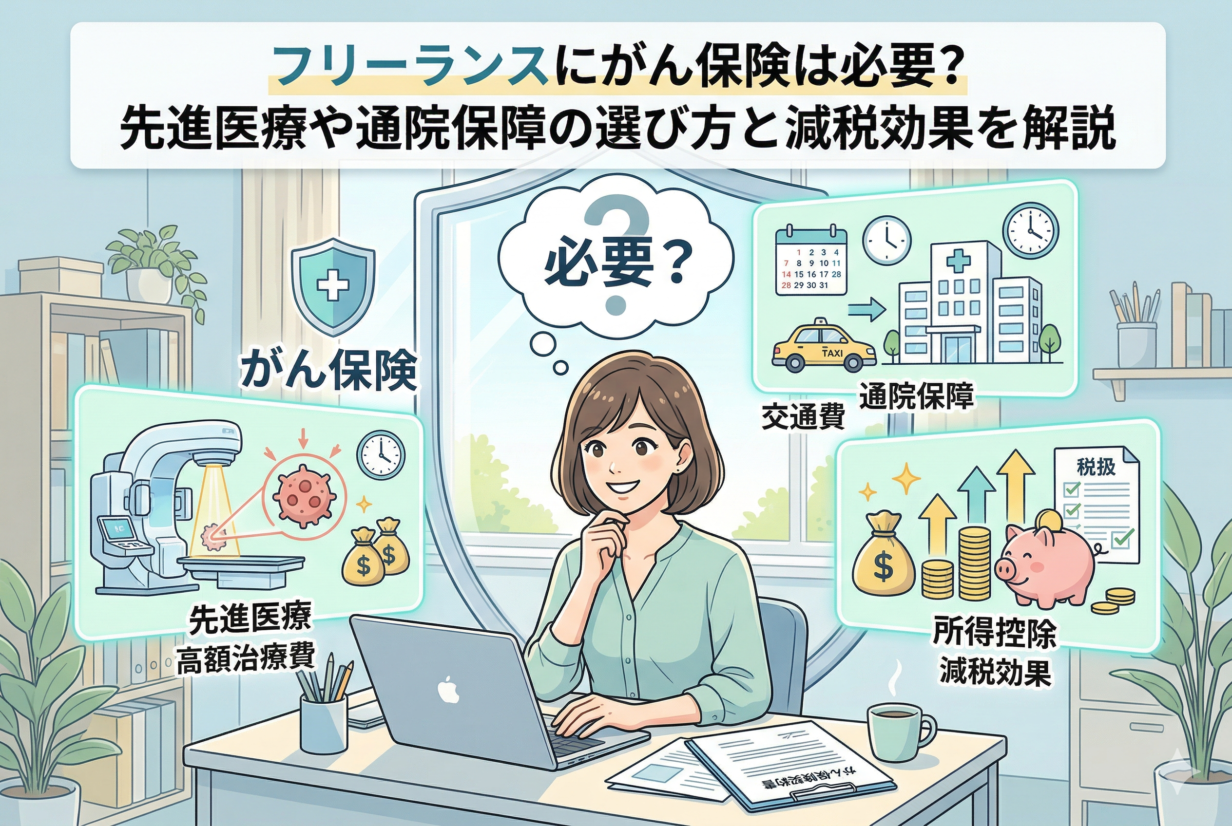 デスクでノートパソコンを使う女性フリーランスのイラスト。「フリーランスのがん保険は必要？」というタイトルがあり、周囲には「先進医療 高額治療費」、「通院保障 交通費」、「所得控除 減税効果」といった重要な検討ポイントがアイコン付きパネルで描かれている。