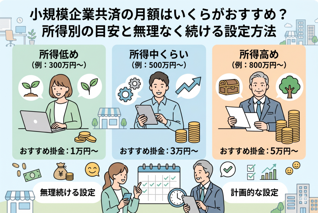 小規模企業共済の推奨掛金月額を所得別に解説したインフォグラフィック。左から「所得低め（300万円〜）」は月1万円〜、「所得中くらい（500万円〜）」は月3万円〜、「所得高め（800万円〜）」は月5万円〜という目安が、それぞれのステージの経営者イラストと共に示されています。下部には「無理なく続ける設定」や「計画的な設定」を相談する様子が描かれた、清潔感のある精緻なデザインです。