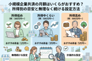 小規模企業共済の推奨掛金月額を所得別に解説したインフォグラフィック。左から「所得低め（300万円〜）」は月1万円〜、「所得中くらい（500万円〜）」は月3万円〜、「所得高め（800万円〜）」は月5万円〜という目安が、それぞれのステージの経営者イラストと共に示されています。下部には「無理なく続ける設定」や「計画的な設定」を相談する様子が描かれた、清潔感のある精緻なデザインです。