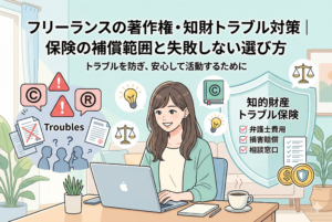 笑顔でパソコン作業をする女性フリーランスのイラスト。左側には著作権（C）や商標（R）トラブルを示す警告アイコンがあり、右側には弁護士費用や損害賠償をカバーする【知的財産トラブル保険】の大きな盾が配置されている。上部には「フリーランスの著作権・知財トラブル対策」のタイトル入り。