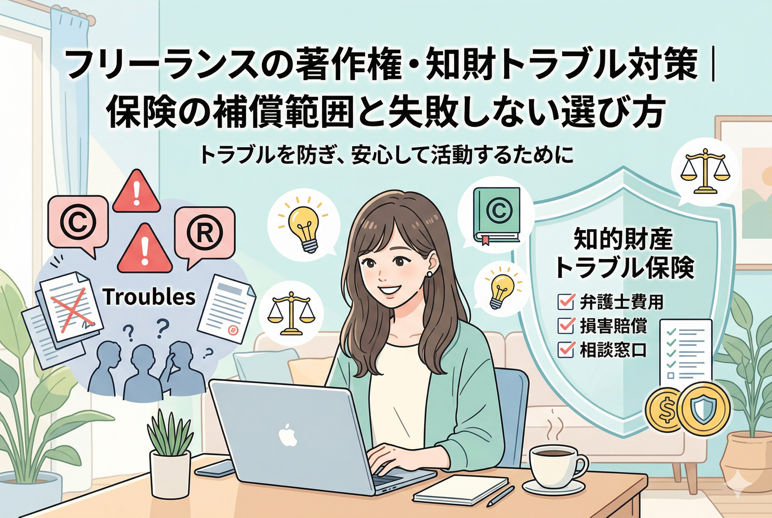 笑顔でパソコン作業をする女性フリーランスのイラスト。左側には著作権（C）や商標（R）トラブルを示す警告アイコンがあり、右側には弁護士費用や損害賠償をカバーする【知的財産トラブル保険】の大きな盾が配置されている。上部には「フリーランスの著作権・知財トラブル対策」のタイトル入り。