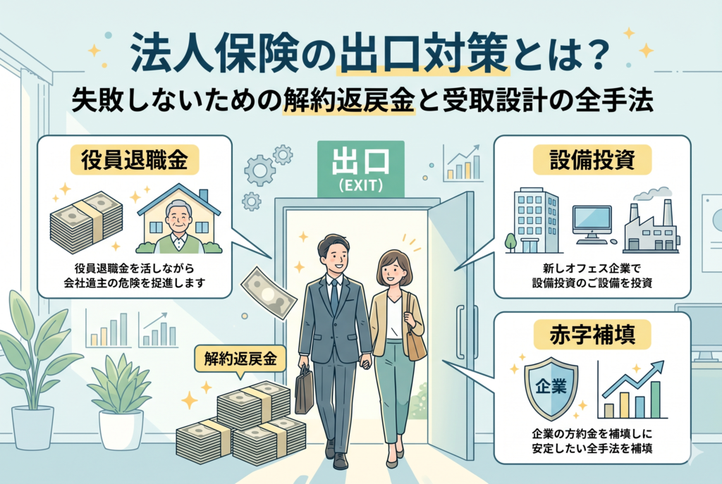 法人保険の出口対策を解説したインフォグラフィック画像。中央にある「出口（EXIT）」と書かれた扉に向かって歩く経営者夫婦が描かれており、その周囲には解約返戻金の活用先として「役員退職金」「設備投資」「赤字補填」の3つの選択肢がアイコンと共に提示されている。上部には「法人保険の出口対策とは？失敗しないための解約返戻金と受取設計の全手法」というタイトルがあり、保険金を税負担なく有効活用するイメージを視覚的に表現している。