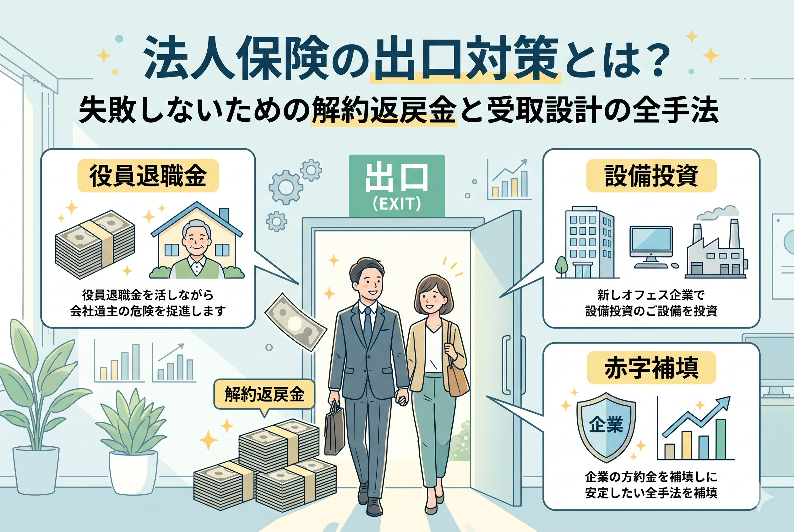 法人保険の出口対策を解説したインフォグラフィック画像。中央にある「出口（EXIT）」と書かれた扉に向かって歩く経営者夫婦が描かれており、その周囲には解約返戻金の活用先として「役員退職金」「設備投資」「赤字補填」の3つの選択肢がアイコンと共に提示されている。上部には「法人保険の出口対策とは？失敗しないための解約返戻金と受取設計の全手法」というタイトルがあり、保険金を税負担なく有効活用するイメージを視覚的に表現している。