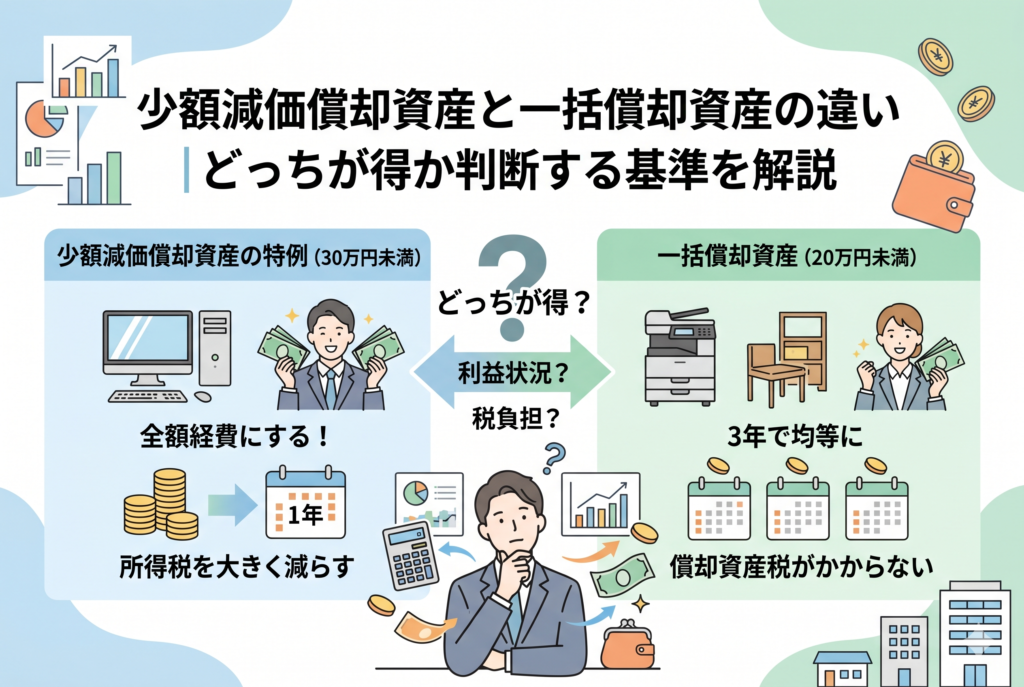 少額減価償却資産と一括償却資産のどちらが得かを比較解説するアイキャッチ画像。左側には「少額減価償却資産の特例（30万円未満）」として、全額経費化による所得税の大幅な軽減と1年での償却が示され、右側には「一括償却資産（20万円未満）」として、3年均等償却と償却資産税がかからないメリットが示されています。中央には「どっちが得？」と悩むビジネスパーソンが配置され、利益状況や税負担によって最適な選択が異なることを視覚的に表現しています。