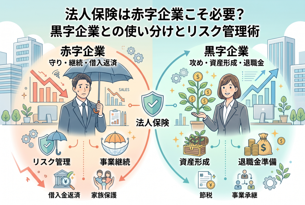 法人保険の役割を「赤字企業」と「黒字企業」で対比させた比較図解画像。左側の赤字企業のセクションでは、雨傘で守る経営者のイラストと共に「守り・継続・借入返済」をテーマに、リスク管理、事業継続、借入金返済、家族保護の重要性を解説。右側の黒字企業のセクションでは、成長する金の成る木を持つ経営者のイラストと共に「攻め・資産形成・退職金」をテーマに、資産形成、退職金準備、節税、事業承継のメリットを提示している。中央には「法人保険」の盾のアイコンがあり、経営状況に応じた使い分けを視覚的に表現している。