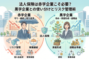 法人保険の役割を「赤字企業」と「黒字企業」で対比させた比較図解画像。左側の赤字企業のセクションでは、雨傘で守る経営者のイラストと共に「守り・継続・借入返済」をテーマに、リスク管理、事業継続、借入金返済、家族保護の重要性を解説。右側の黒字企業のセクションでは、成長する金の成る木を持つ経営者のイラストと共に「攻め・資産形成・退職金」をテーマに、資産形成、退職金準備、節税、事業承継のメリットを提示している。中央には「法人保険」の盾のアイコンがあり、経営状況に応じた使い分けを視覚的に表現している。