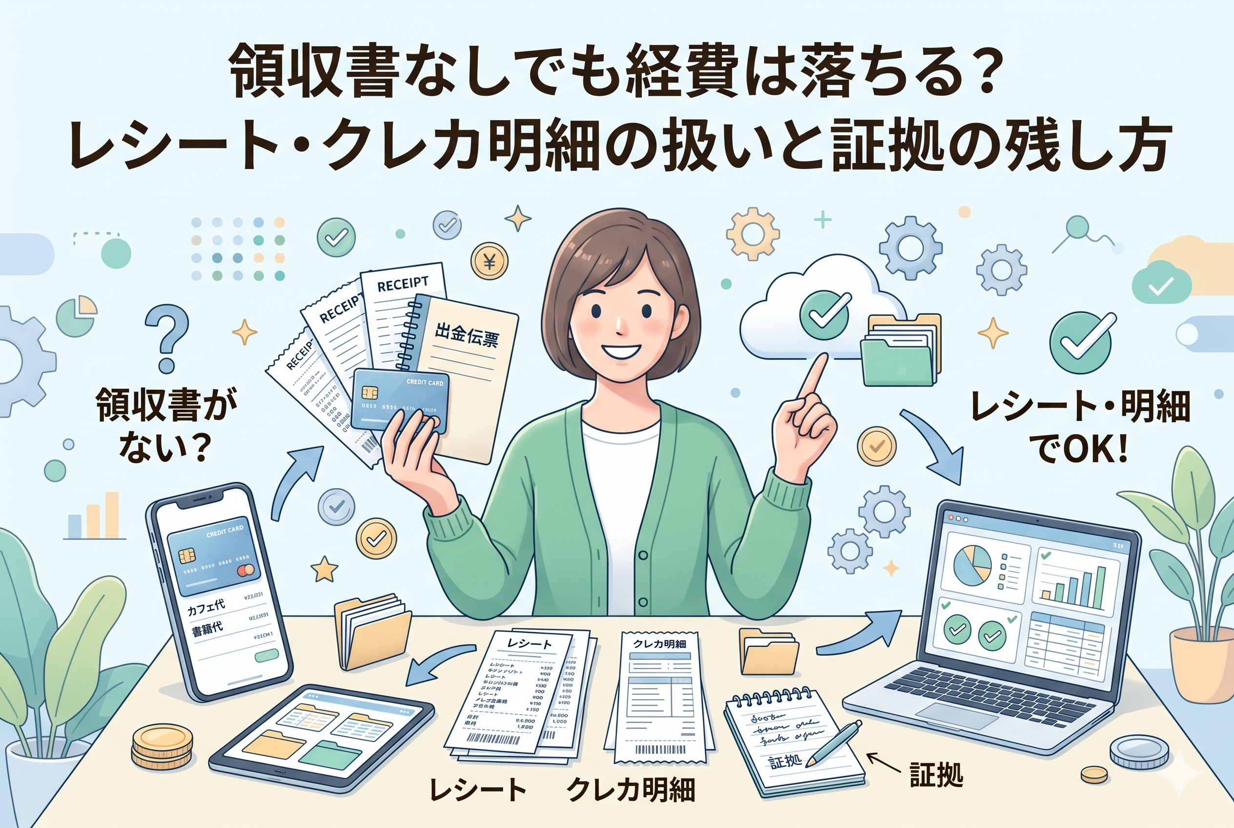 「領収書なしでも経費は落ちる?レシート・クレカ明細の扱いと証拠の残し方」という見出しのアイキャッチ画像。中央に書類を持つ女性が描かれ、左側に領収書紛失の悩み、右側にレシートやクレジットカード明細、出金伝票、パソコンを活用して「証拠」を整理・管理し、解決している様子を表現した、明るく清潔感のある3Dイラストです。