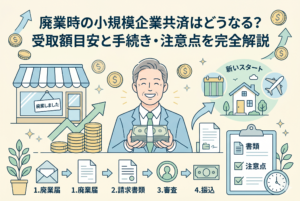 「廃業時の小規模企業共済はどうなる？ 受取額目安と手続き・注意点を完全解説」という記事タイトルの下に、廃業した店とコインの山、札束を持って笑顔の男性、新しいスタート（家や飛行機）のイラスト。下部には、廃業届の提出から請求、審査、振込までの手続きの流れと、書類や注意点のチェックリストが図解されている。