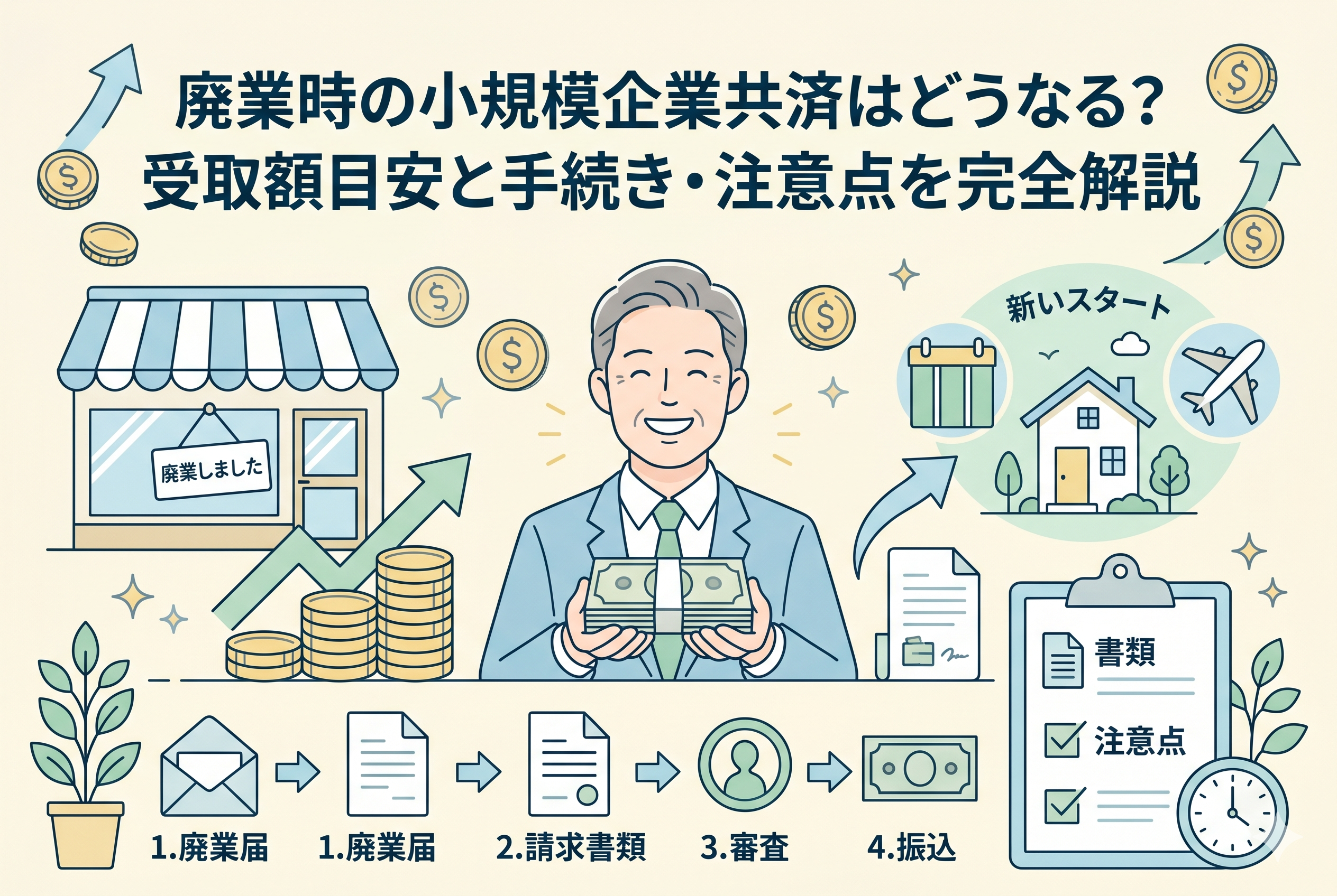 「廃業時の小規模企業共済はどうなる? 受取額目安と手続き・注意点を完全解説」という記事タイトルの下に、廃業した店とコインの山、札束を持って笑顔の男性、新しいスタート(家や飛行機)のイラスト。下部には、廃業届の提出から請求、審査、振込までの手続きの流れと、書類や注意点のチェックリストが図解されている。