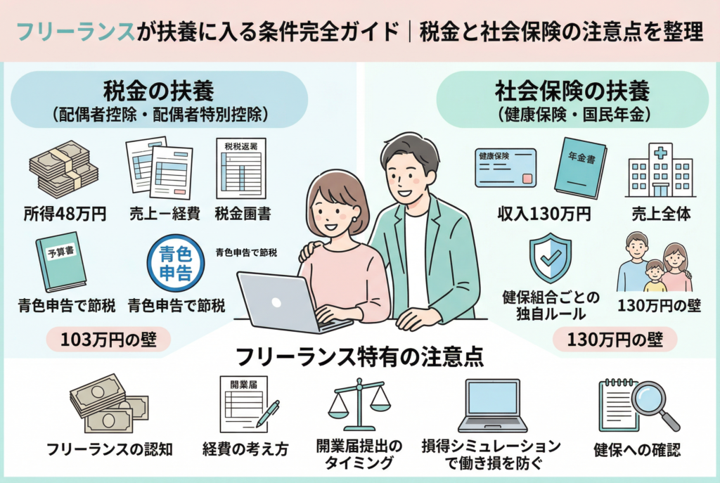 「フリーランスが扶養に入る条件完全ガイド|税金と社会保険の注意点を整理」というタイトルのインフォグラフィック画像。中央にパソコンを使う男女のイラストがあり、その周囲に「税金の扶養」と「社会保険の扶養」の違い、そして「フリーランス特有の注意点」について図解されています。「税金の扶養」セクションでは、配偶者控除、所得48万円(売上-経費)、青色申告、103万円の壁について説明。「社会保険の扶養」セクションでは、健康保険、国民年金、収入130万円(売上全体)、健保組合ごとの独自ルール、130万円の壁について説明。下部には、フリーランス特有の注意点として、開業届、経費の考え方、損得シミュレーション、健保への確認などが挙げられています。