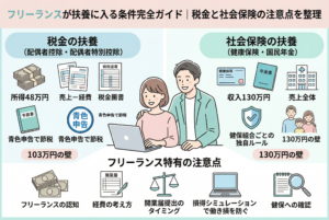 「フリーランスが扶養に入る条件完全ガイド｜税金と社会保険の注意点を整理」というタイトルのインフォグラフィック画像。中央にパソコンを使う男女のイラストがあり、その周囲に「税金の扶養」と「社会保険の扶養」の違い、そして「フリーランス特有の注意点」について図解されています。「税金の扶養」セクションでは、配偶者控除、所得48万円（売上－経費）、青色申告、103万円の壁について説明。「社会保険の扶養」セクションでは、健康保険、国民年金、収入130万円（売上全体）、健保組合ごとの独自ルール、130万円の壁について説明。下部には、フリーランス特有の注意点として、開業届、経費の考え方、損得シミュレーション、健保への確認などが挙げられています。