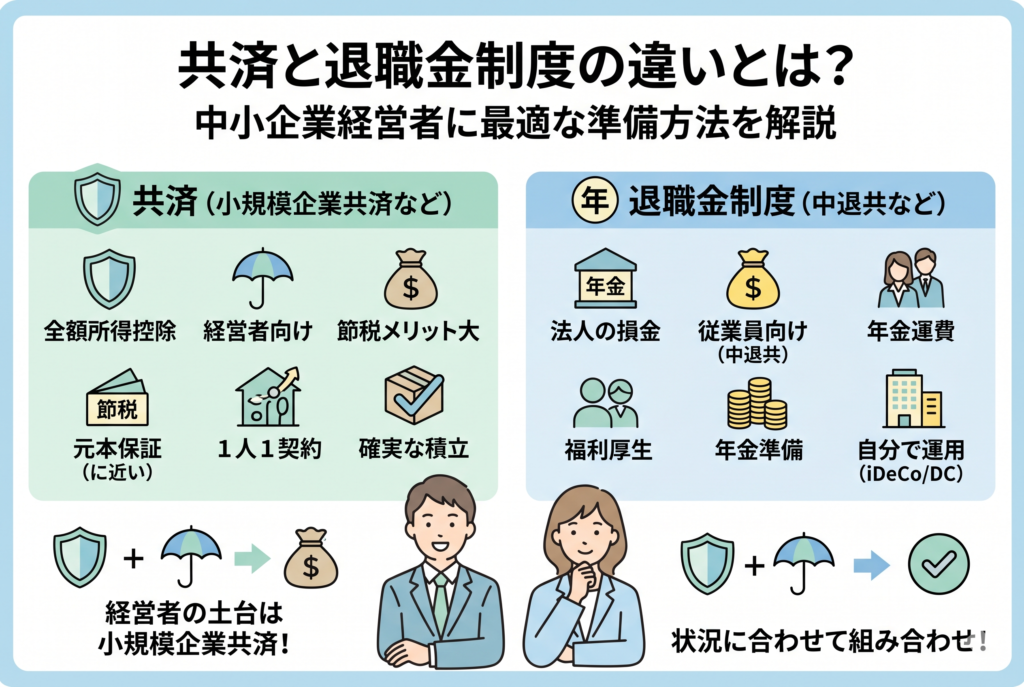 経営者のための「小規模企業共済」と、従業員向けの「中退共」や「iDeCo」などの退職金制度を比較したインフォグラフィック。左側に全額所得控除や元本保証に近い確実な積立といった経営者向けのメリットを、右側に福利厚生や自己運用といった制度の特徴を並べ、状況に合わせた最適な組み合わせを提案しています。