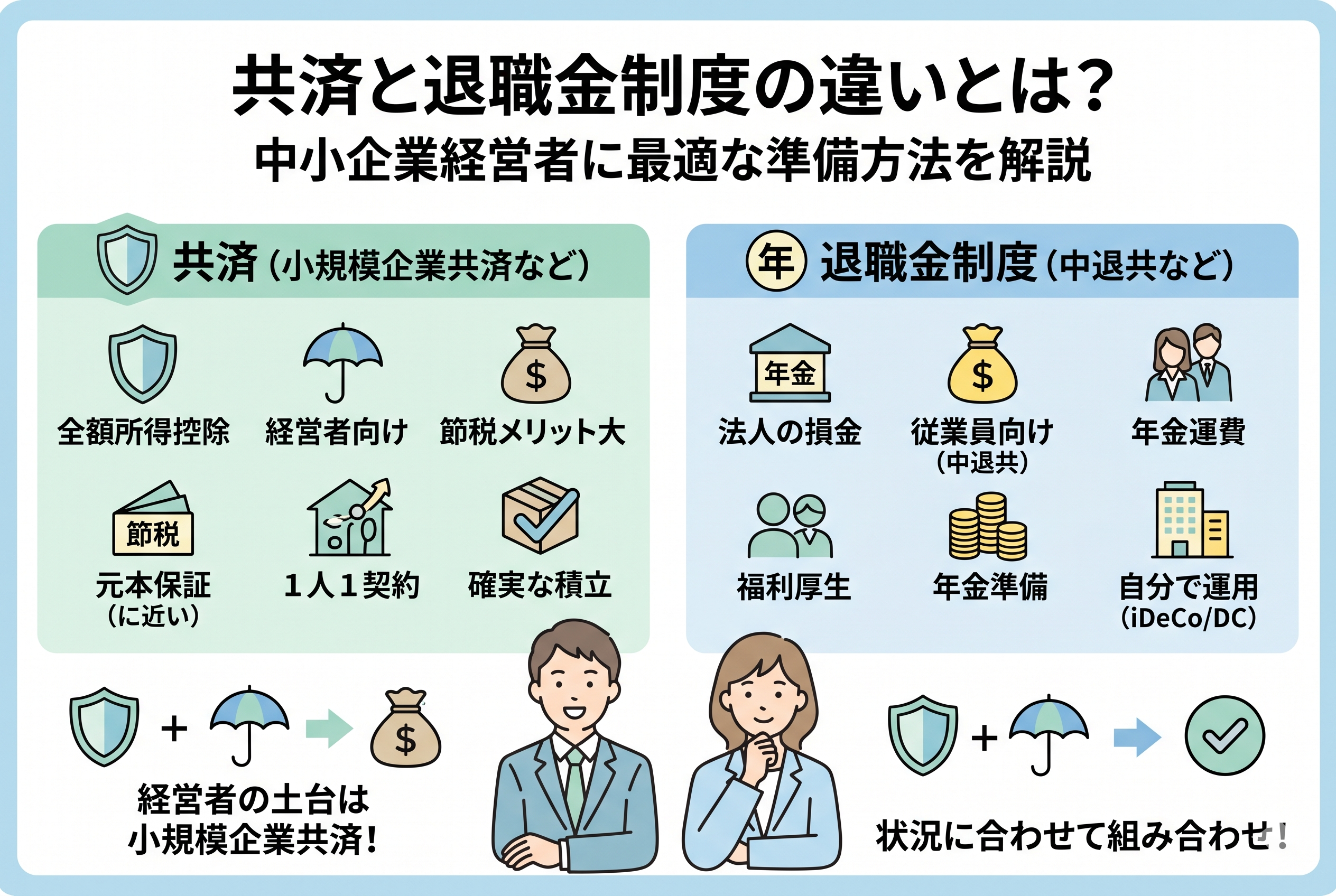 経営者のための「小規模企業共済」と、従業員向けの「中退共」や「iDeCo」などの退職金制度を比較したインフォグラフィック。左側に全額所得控除や元本保証に近い確実な積立といった経営者向けのメリットを、右側に福利厚生や自己運用といった制度の特徴を並べ、状況に合わせた最適な組み合わせを提案しています。