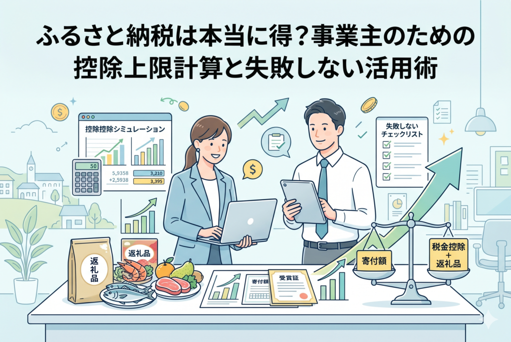 ふるさと納税の控除上限額をシミュレーションする男女の事業主。PCやタブレット、計算機を使い、返礼品と税金控除のバランスを検討している様子。周囲には米や肉などの返礼品、チェックリスト、受領証が描かれ、事業主が失敗せずにお得な寄付を行うための工程を表現した、清潔感のある精緻なデザインです。