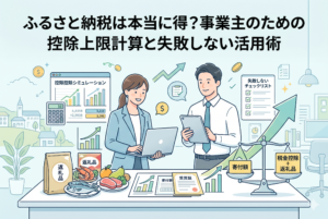 ふるさと納税の控除上限額をシミュレーションする男女の事業主。PCやタブレット、計算機を使い、返礼品と税金控除のバランスを検討している様子。周囲には米や肉などの返礼品、チェックリスト、受領証が描かれ、事業主が失敗せずにお得な寄付を行うための工程を表現した、清潔感のある精緻なデザインです。