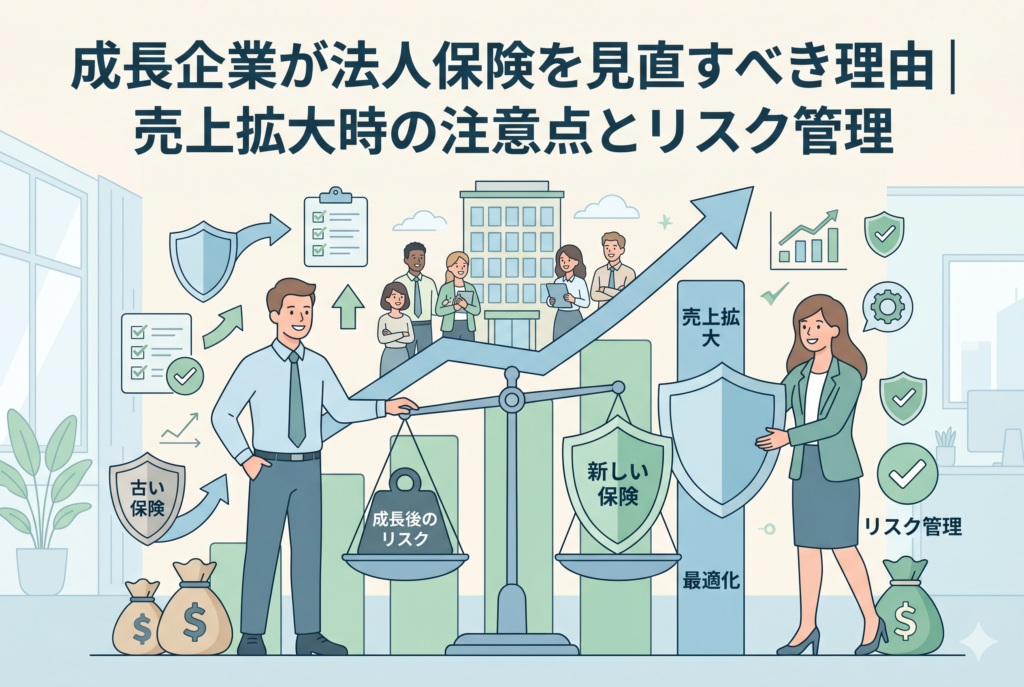 「成長企業が法人保険を見直すべき理由|売上拡大時の注意点とリスク管理」という記事のアイキャッチ画像。中央に大きな天秤があり、左側には「古い保険」という小さな盾を持つ経営者が、重すぎる「成長後のリスク」によって天秤が傾いている様子を不安げに見つめている。右側には「新しい保険」という大きな盾を持つ女性が描かれ、天秤が「最適化」されてバランスを保っている。背景には右肩上がりの成長を示す青い上昇矢印、オフィスビル、従業員たちが描かれ、企業規模の拡大に合わせた「リスク管理」のアップデートの重要性を表現している。