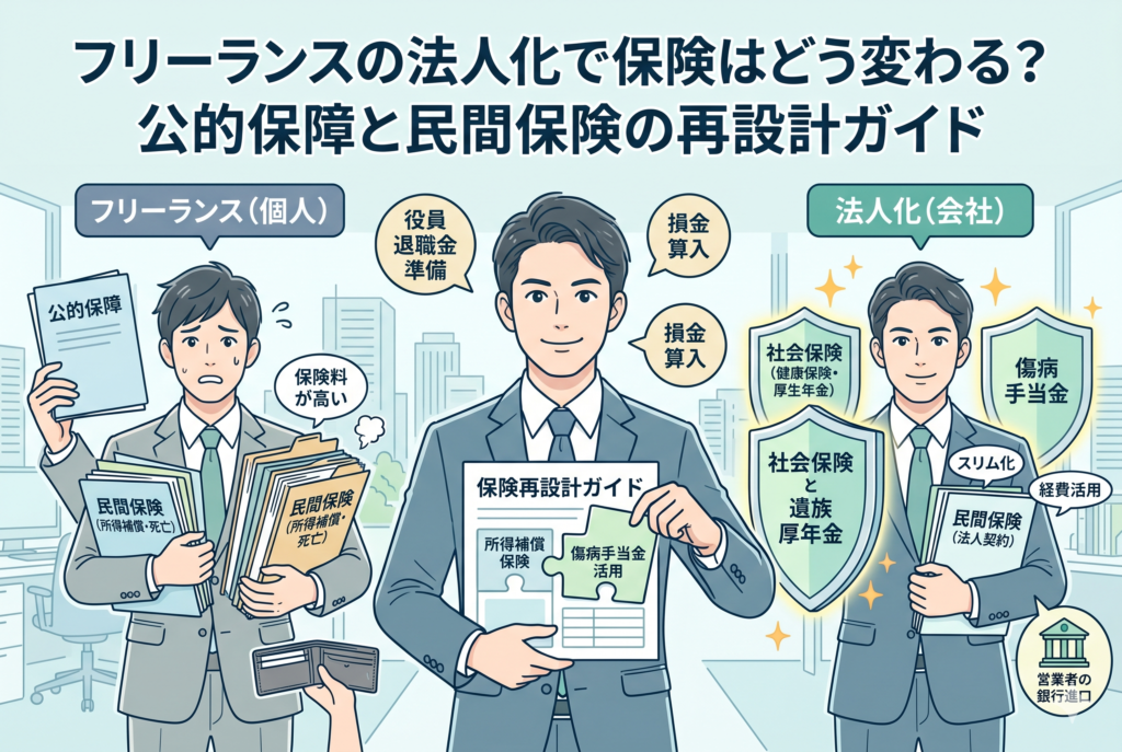 フリーランスから法人化する際の保険見直しのビフォーアフターを比較したインフォグラフィック。左側には「保険料が高い」と悩む個人事業主が描かれ、右側には社会保険の盾（健康保険・厚生年金）と「傷病手当金」の保障を得て民間保険をスリム化した経営者が描かれている。中央では、所得補償保険と傷病手当金をパズル形式で組み合わせる「保険再設計」の様子が図解されている。