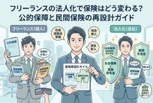 フリーランスから法人化する際の保険見直しのビフォーアフターを比較したインフォグラフィック。左側には「保険料が高い」と悩む個人事業主が描かれ、右側には社会保険の盾（健康保険・厚生年金）と「傷病手当金」の保障を得て民間保険をスリム化した経営者が描かれている。中央では、所得補償保険と傷病手当金をパズル形式で組み合わせる「保険再設計」の様子が図解されている。
