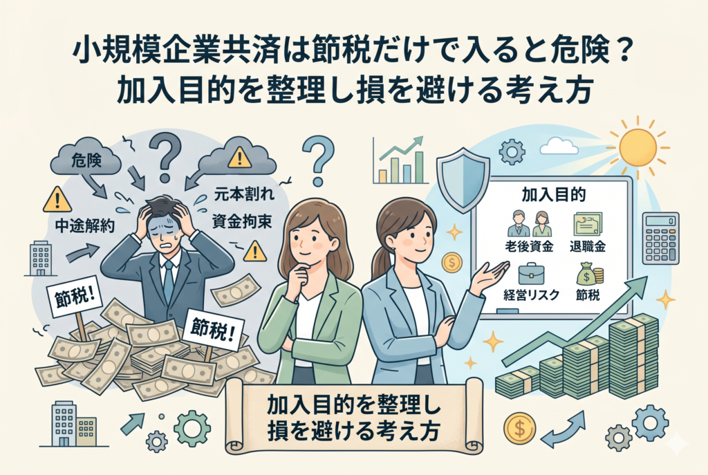 小規模企業共済の加入目的を整理するための比較インフォグラフィック。左側には「節税」という言葉に翻弄され、中途解約による元本割れや資金拘束に頭を抱える男性が描かれ、右側には「老後資金」「退職金」「経営リスク」といった本来の目的をボードにまとめ、冷静に資産を形成する女性たちが描かれています。正しい経営判断を促すための、清潔感のある精緻なイラストデザインです。