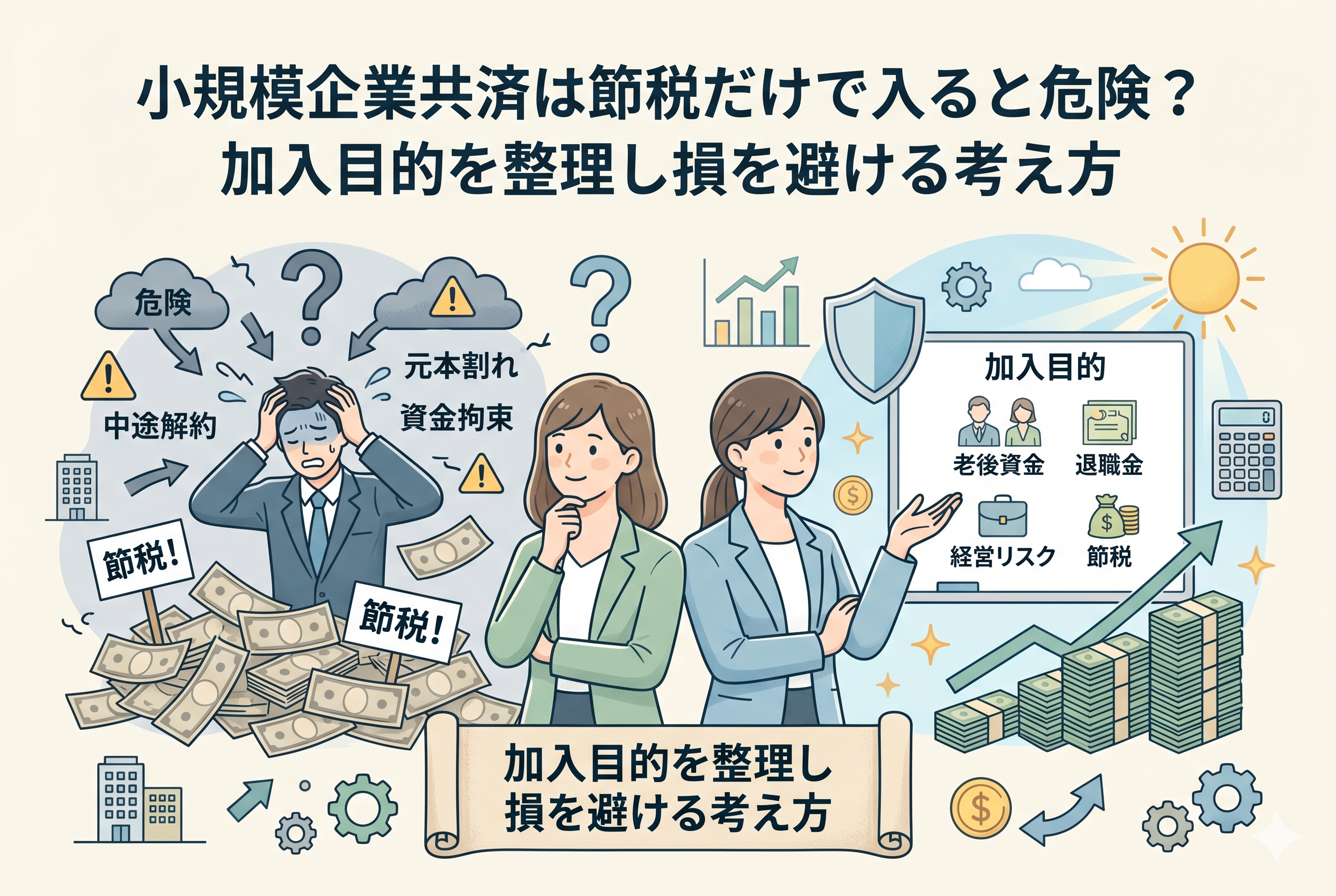 小規模企業共済の加入目的を整理するための比較インフォグラフィック。左側には「節税」という言葉に翻弄され、中途解約による元本割れや資金拘束に頭を抱える男性が描かれ、右側には「老後資金」「退職金」「経営リスク」といった本来の目的をボードにまとめ、冷静に資産を形成する女性たちが描かれています。正しい経営判断を促すための、清潔感のある精緻なイラストデザインです。