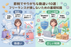 「節税でやりがちな勘違い10選｜フリーランスが損しないための基礎知識」という記事タイトルが入った比較イラスト。左側は「勘違い」として、年末に慌てて不要な経費を使い困惑する女性の姿。右側は「正しい知識」として、青色申告特別控除の盾、iDeCo、小規模企業共済の積み立て箱を横に、笑顔でパソコンを操作する女性の姿が対比して描かれています。