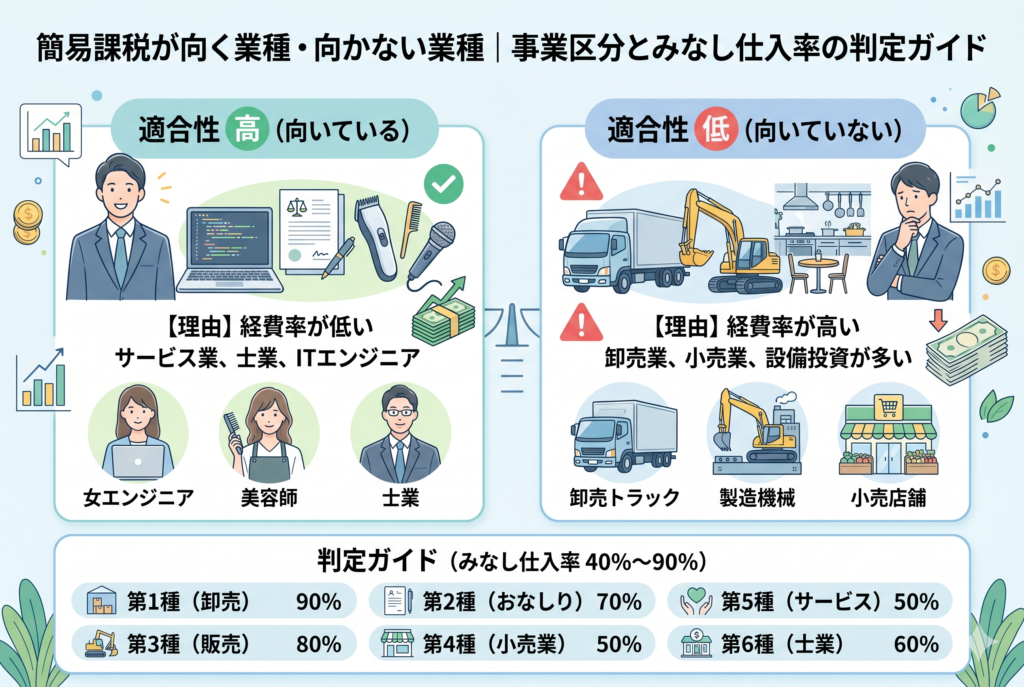 「簡易課税が向く業種・向かない業種」を比較解説したインフォグラフィック画像。左側にはITエンジニア、美容師、士業など、経費率が低く簡易課税のメリットが大きい「適合性 高」の職種をイラストで紹介。右側には卸売業、小売業、製造業など、経費率が高く簡易課税が不利になりやすい「適合性 低」の業種を注意マークと共に掲載しています。下部には第1種から第6種までの事業区分と、40パーセントから90パーセントまでのみなし仕入率を一覧表で整理した、清潔感のある精緻なデザインです。