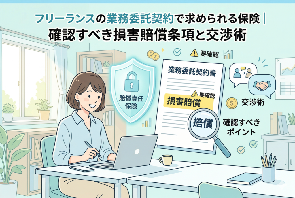 デスクでパソコン作業をする女性フリーランスの隣に、拡大鏡で「損害賠償」の文字が強調された「業務委託契約書」と、身を守る「賠償責任保険」の青い盾が描かれたアイキャッチ画像。背景には「交渉術」や「要確認」などのアイコンが散りばめられ、上部には記事タイトルが記載されている。