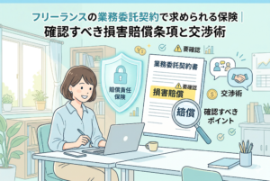 デスクでパソコン作業をする女性フリーランスの隣に、拡大鏡で「損害賠償」の文字が強調された「業務委託契約書」と、身を守る「賠償責任保険」の青い盾が描かれたアイキャッチ画像。背景には「交渉術」や「要確認」などのアイコンが散りばめられ、上部には記事タイトルが記載されている。