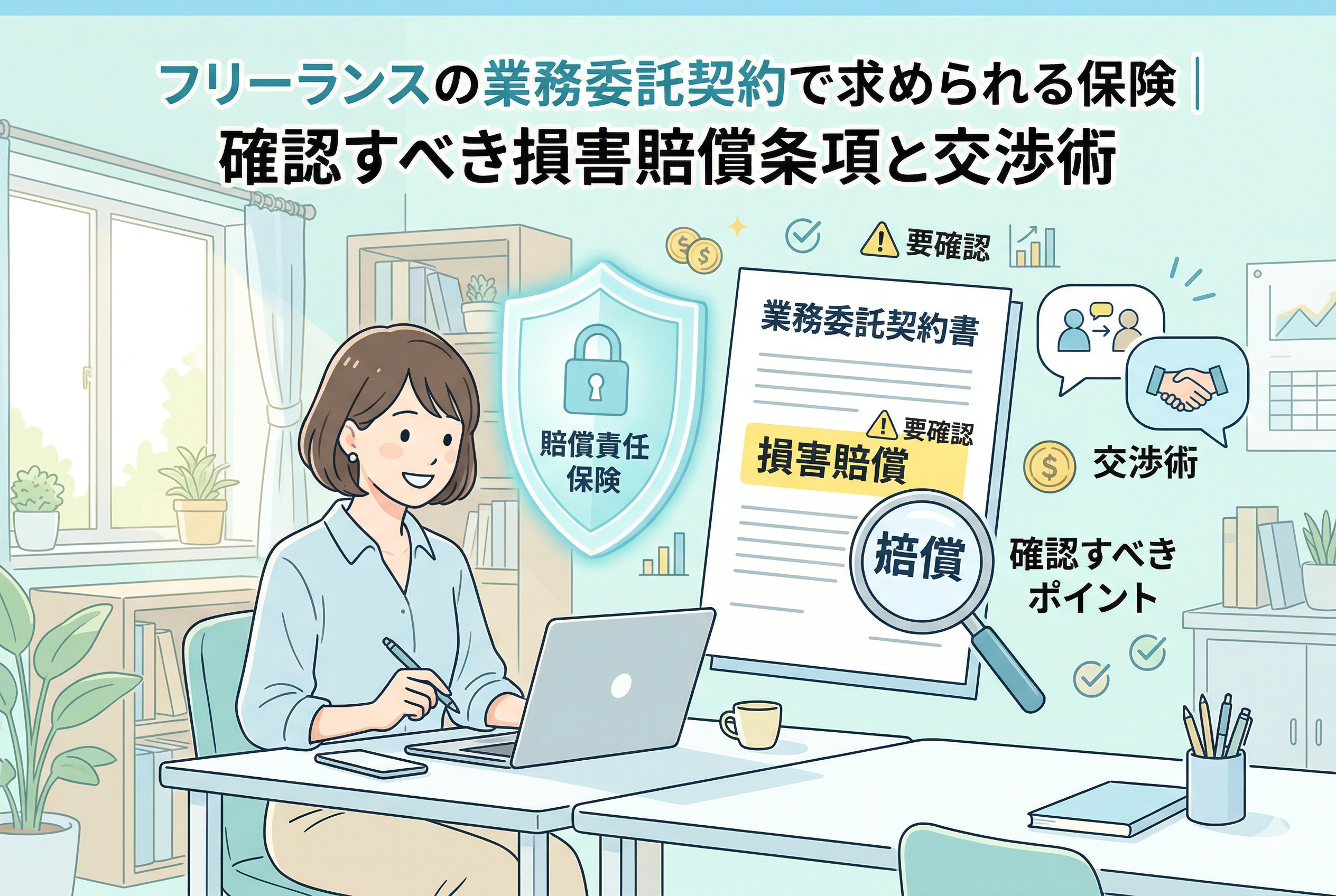 デスクでパソコン作業をする女性フリーランスの隣に、拡大鏡で「損害賠償」の文字が強調された「業務委託契約書」と、身を守る「賠償責任保険」の青い盾が描かれたアイキャッチ画像。背景には「交渉術」や「要確認」などのアイコンが散りばめられ、上部には記事タイトルが記載されている。